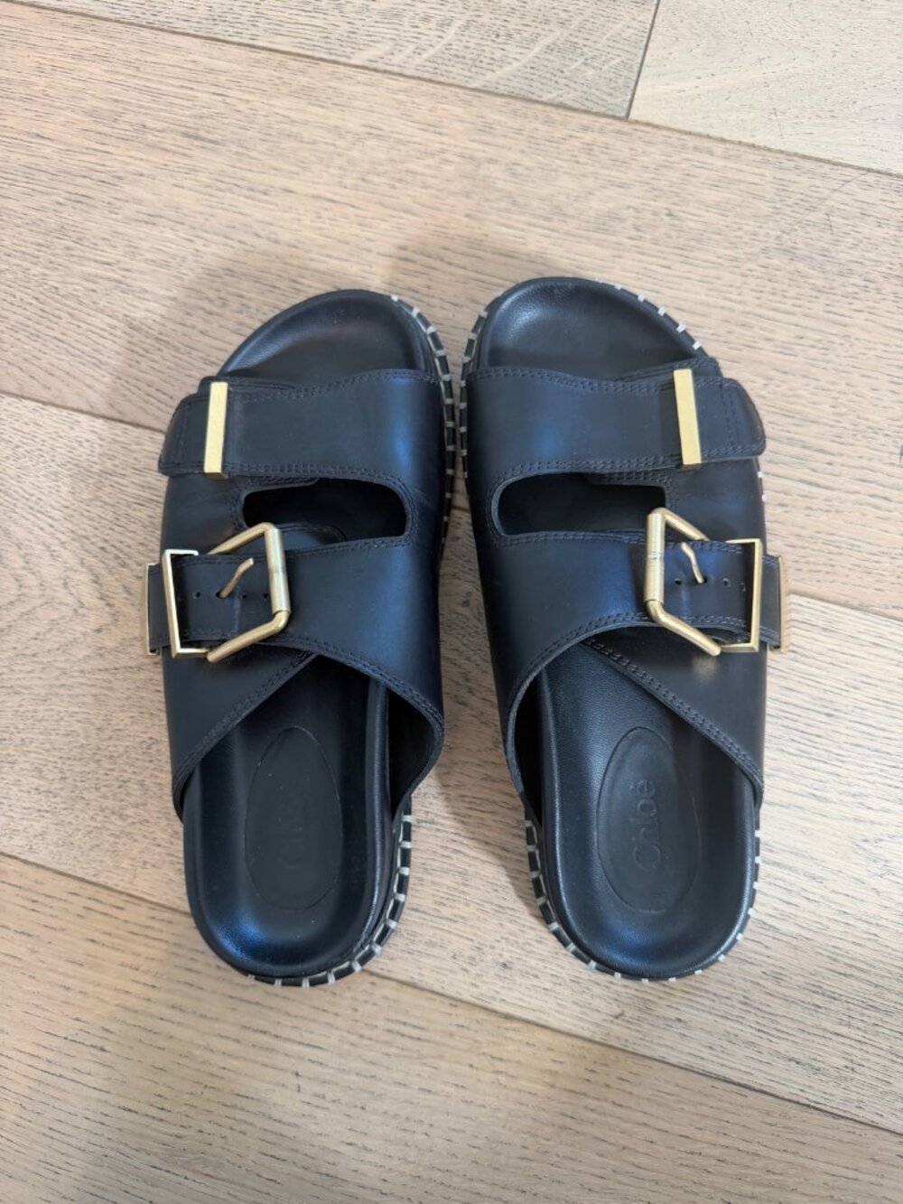 Chloé Rebecca Black Leather Slide Sandals — Gold Buckle — EU 37